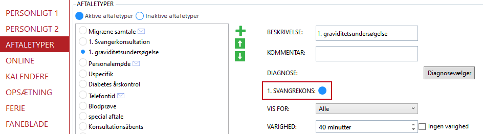 Aftalekalenderen indstillinger - aftaletyper svangrekons