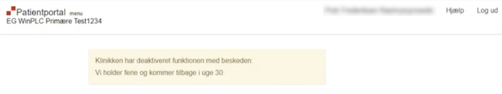 Patientportal - feriebesked funktion deaktiveret